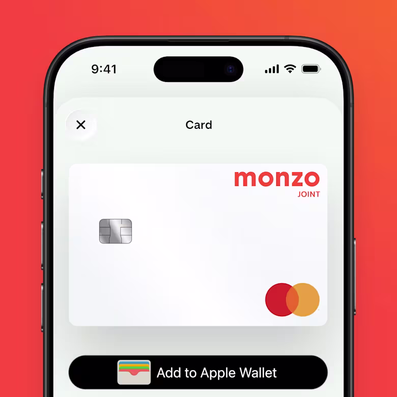 A smartphone showing a Monzo Joint Account card and an "Add to Apple Wallet" button.