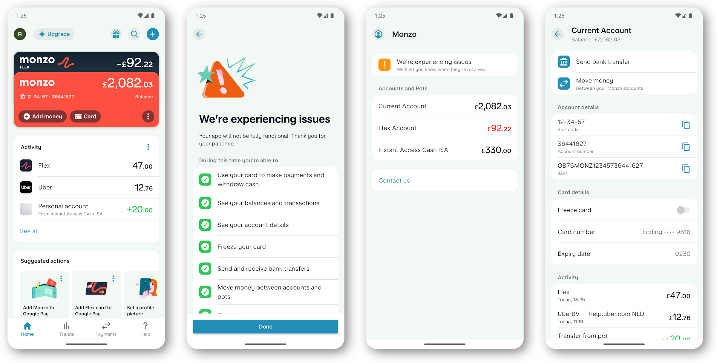 Four screenshots of the Monzo App. From left to right: the typical Monzo App overview screen, then a screen explaining Monzo is experiencing issues and a list of features that are still available, then the simplified view of accounts while Stand-in is enabled, and finally a simplified view of  Current Account details and transactions.