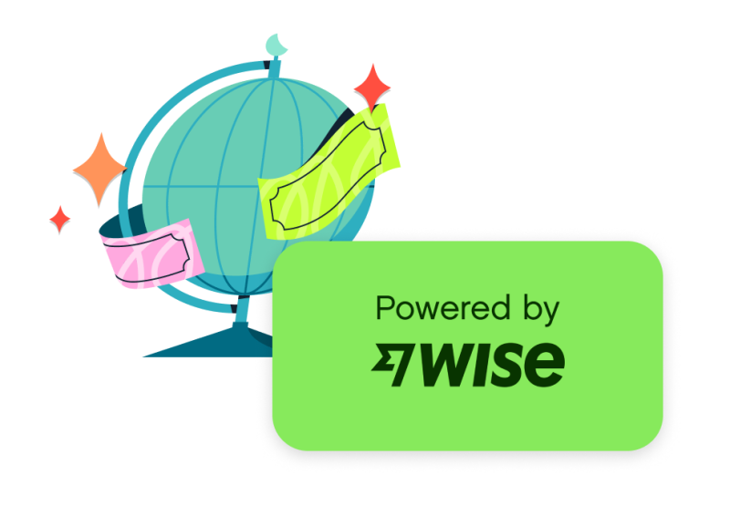 Illustration of a globe with money moving around it, next to the Wise logo.