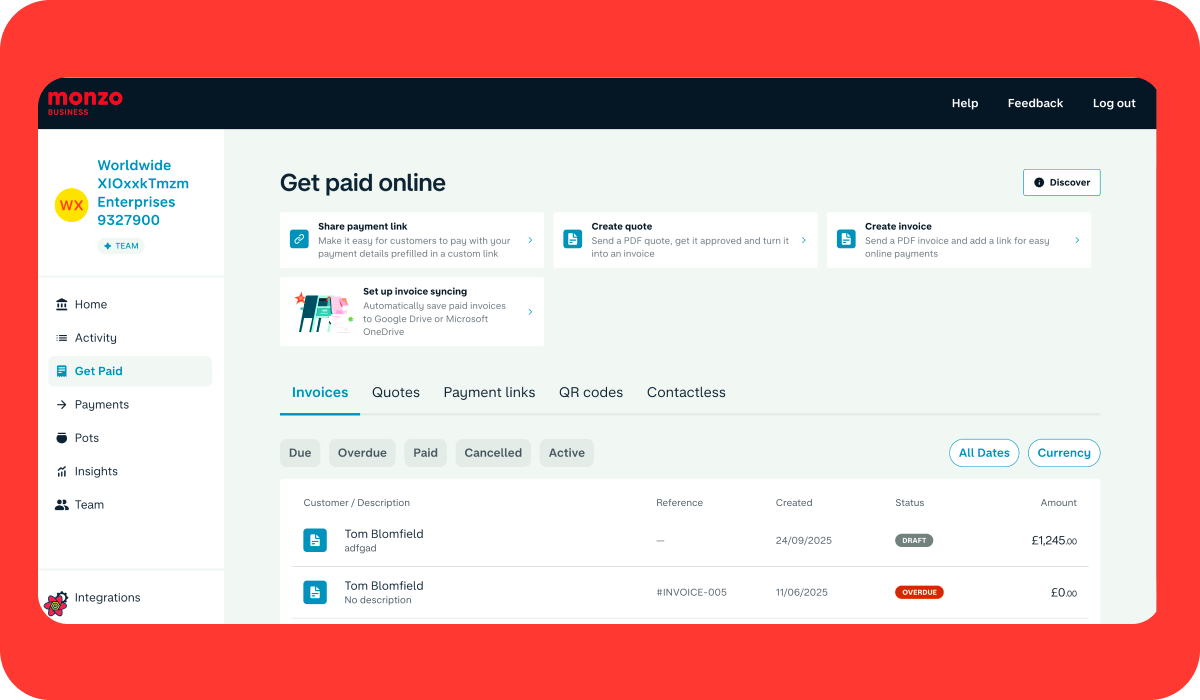 Monzo Business web showing ‘Get paid online’ heading before copy update.
