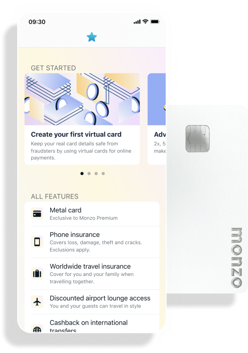 Monzo premium features page next to a silver Monzo premium card.