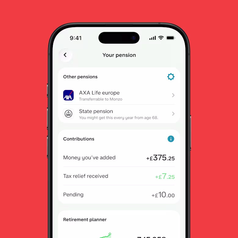 Screen showing pensions in Monzo and contributions from money added and tax relief received.