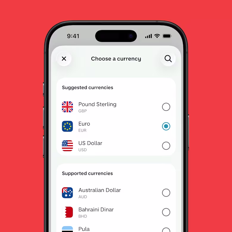 A screenshot showing how to select an international currency in the Monzo Business app