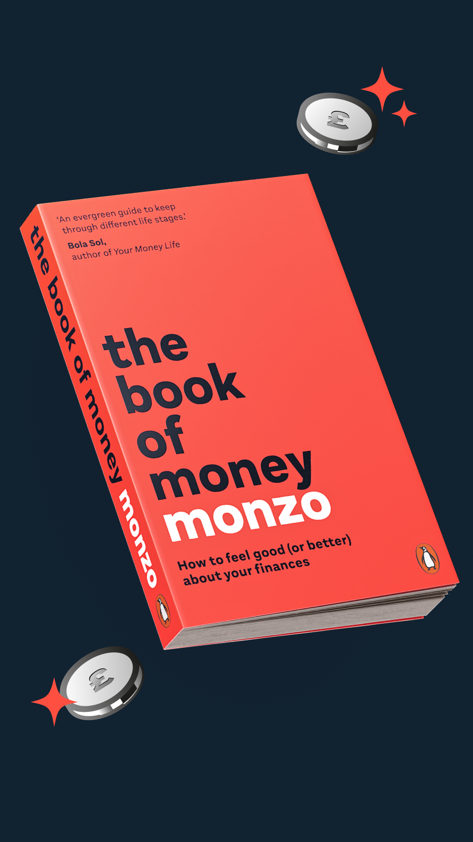 Graphic of the book of money on a navy background.