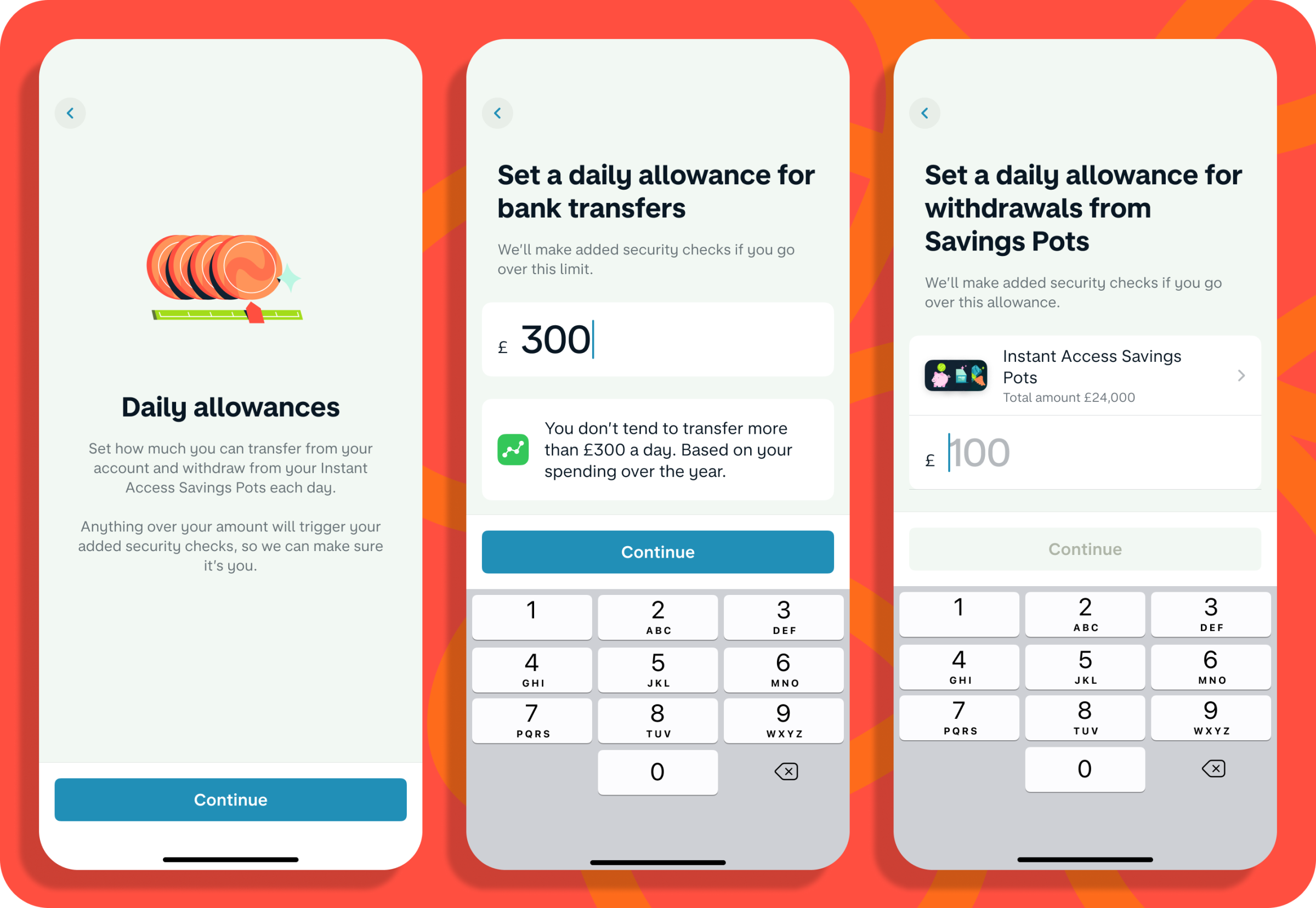 Illustrative image of three mobile screens showing the Monzo app interface. The first screen explains what daily allowances are. The second two screens show the flow and how to set them up on the Monzo app. 