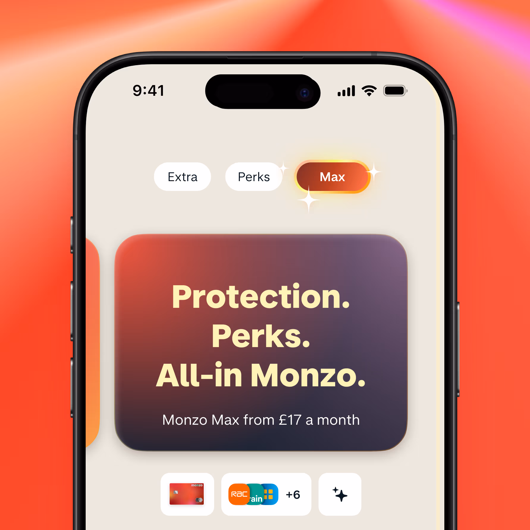 A mobile phone shows a screen from the Monzo app. On the screen is a Max upgrade card showing the text: "Protection. Perks. All-in Monzo."