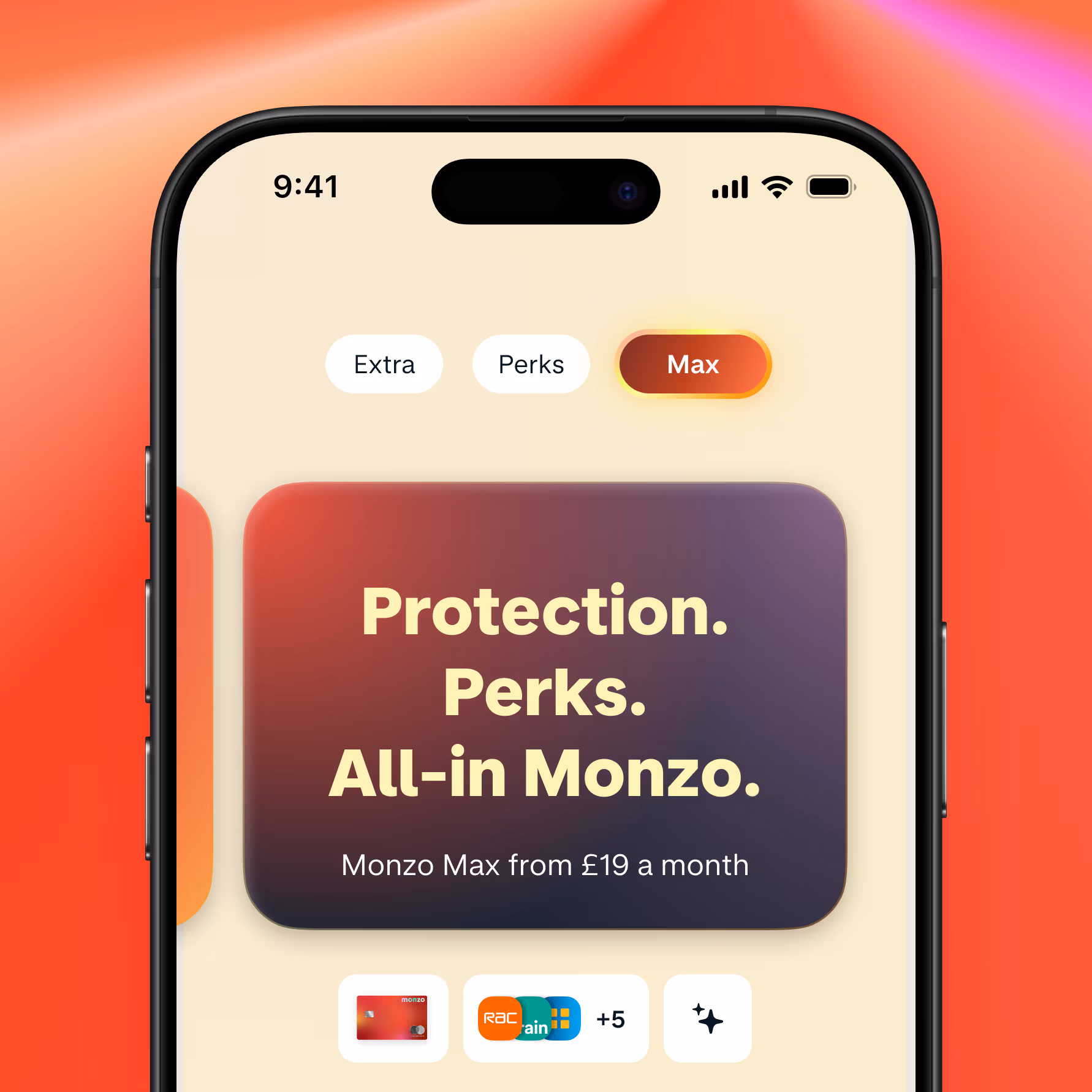 A mobile phone shows a screen from the Monzo app. On the screen is a Max upgrade card showing the text: "Protection. Perks. All-in Monzo."
