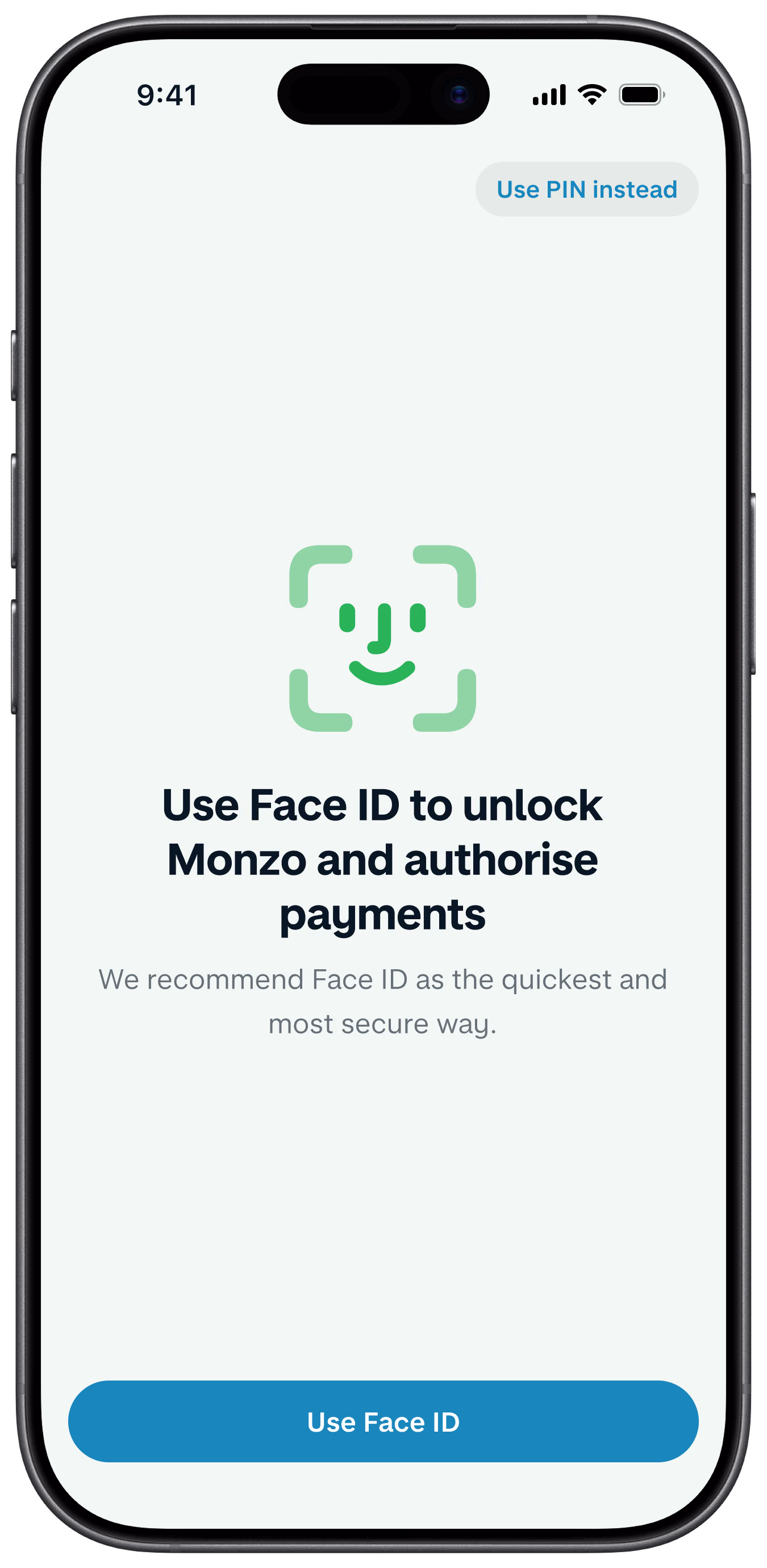 A smartphone displays the Monzo app's biometric facial recognition setup screen, with a green facial recognition icon and text prompting the user to enable it.