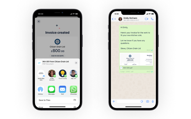 Screens showing creating and sending a PDF invoice