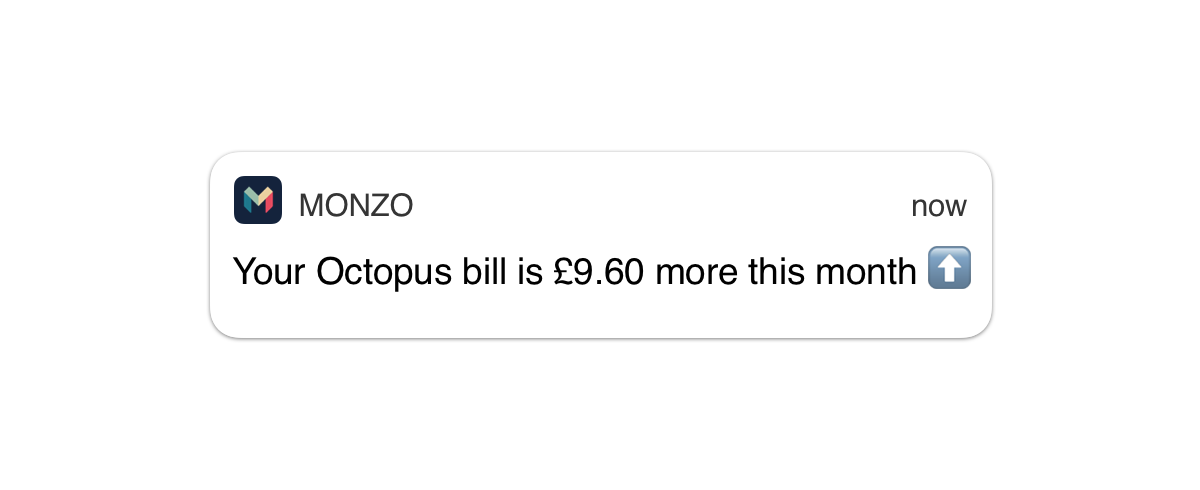 Monzo notification saying "your Octopus bill is £9.60 more this month"