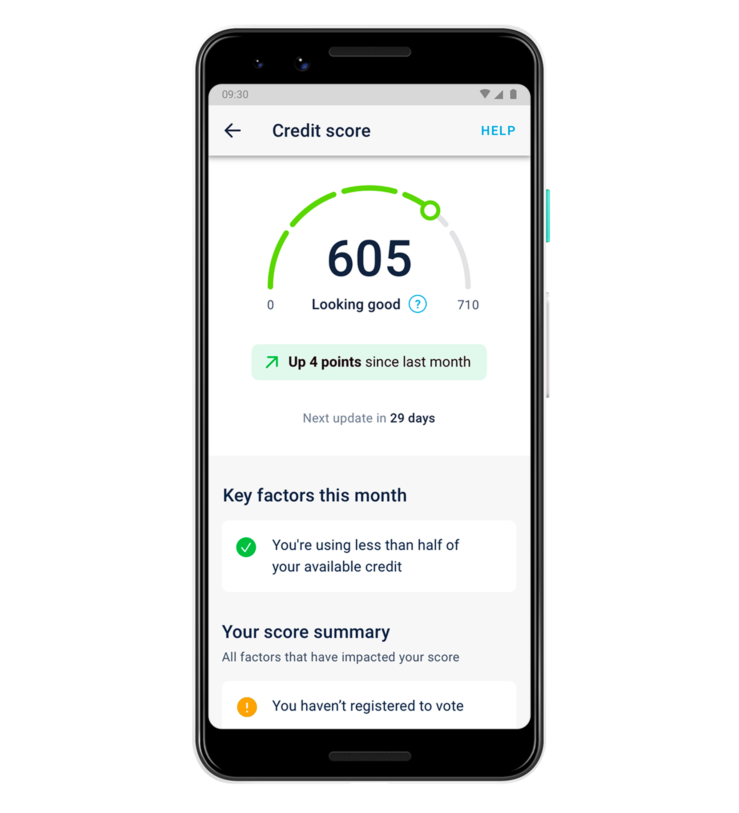 A phone screen showing someone's credit score, and why it's changed.