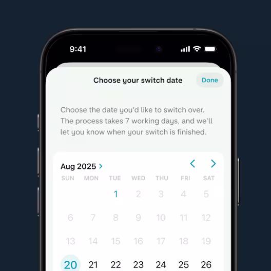 An app screenshot showing a calendar view to select your switching date