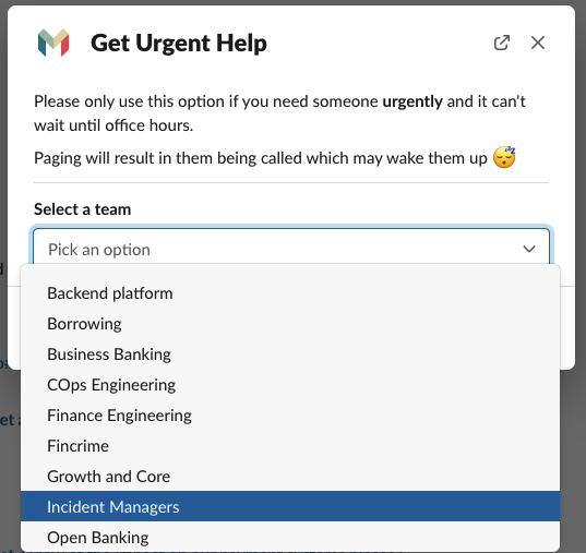 A screenshot of our incident tool UI showing how a user can select to escalate to Incident Managers from a drop-down menu