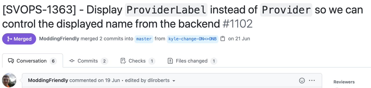 A screenshot of a pull request at Monzo with the title 'Display ProviderLabel instead of Provider so we can control the displayed name from the backend'