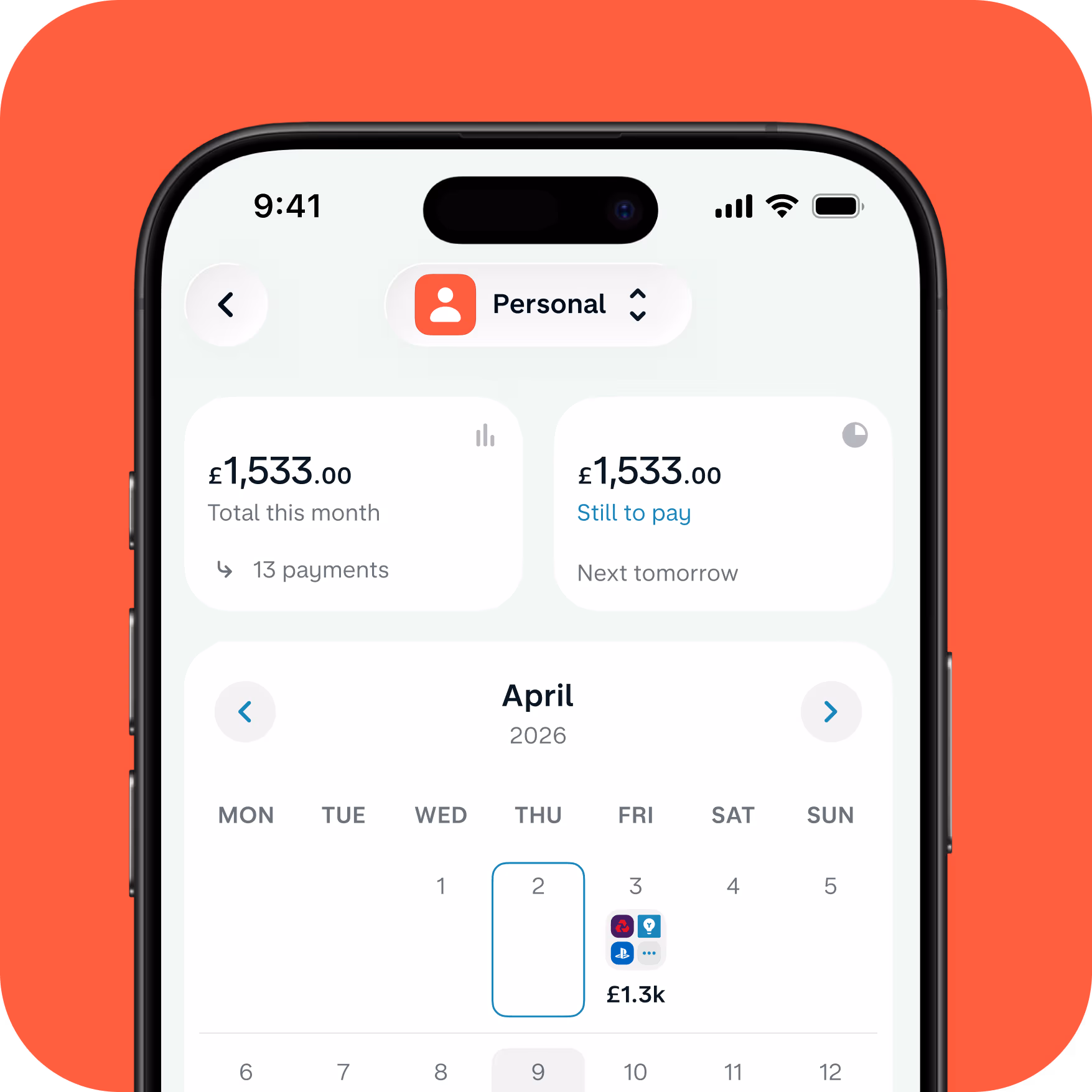 A smartphone showing Monzo's bills calendar with upcoming payments and monthly spending information.