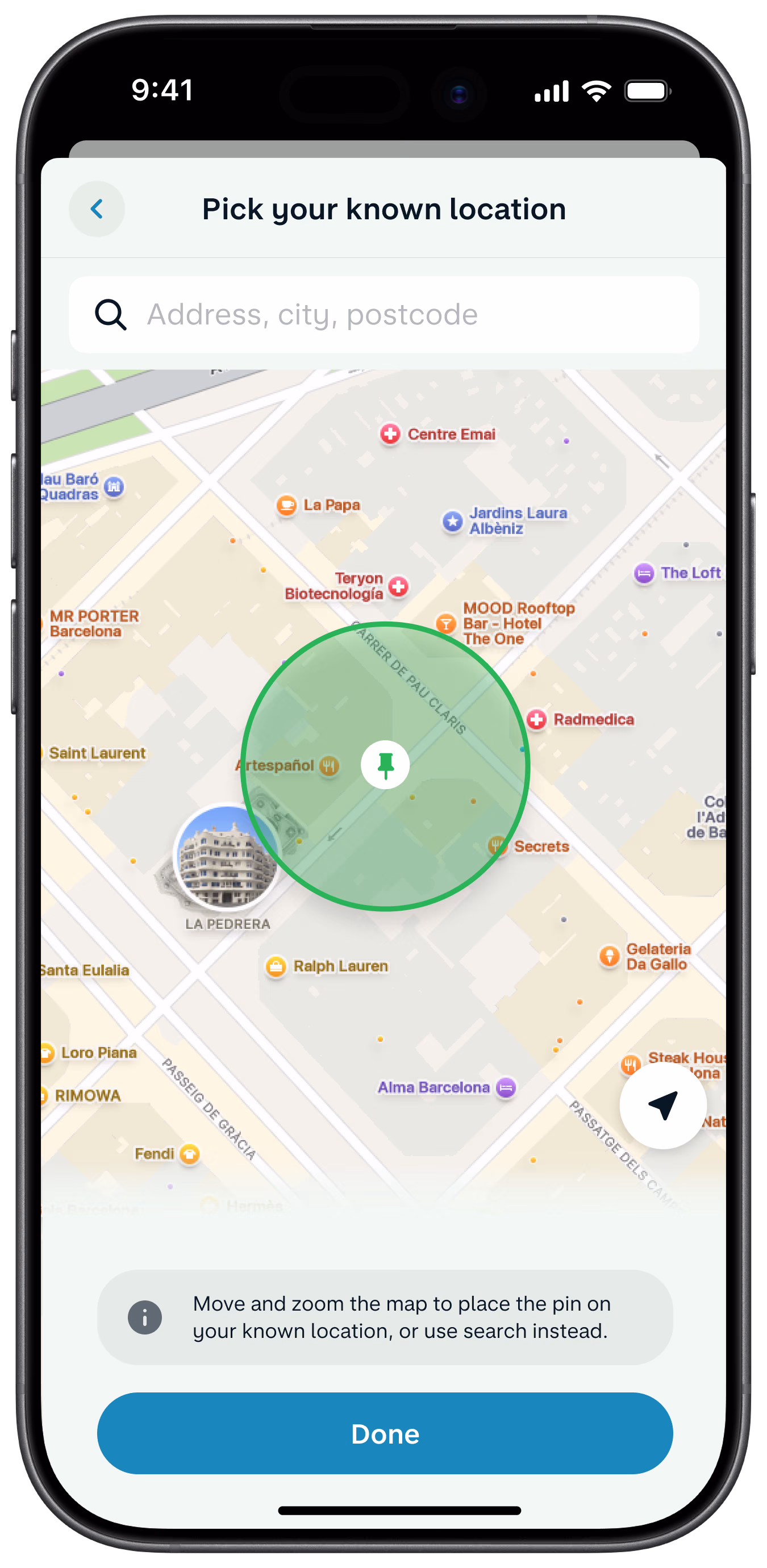 A smartphone showing the Monzo app's extra security controls page, with a map showing a green circular pin, an "Add location" header, and instructions to move the pin to a known location.