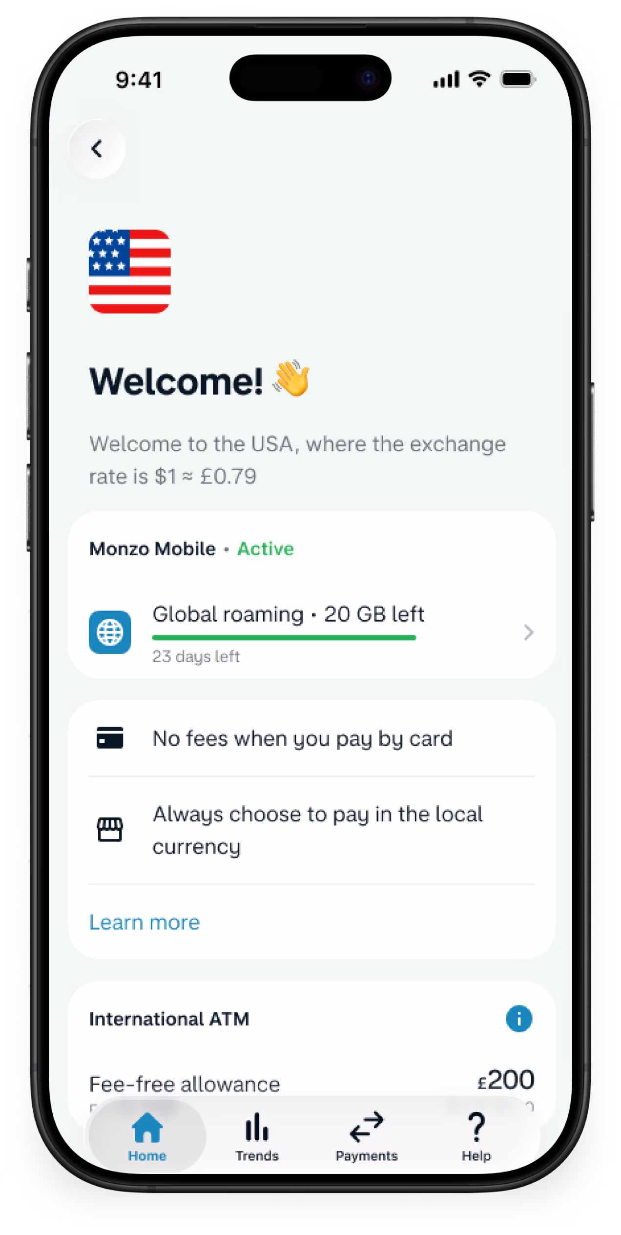 An app screen shows the roaming homepage. It shows the remaining roaming data allowance left on the mobile plan with general roaming information. there are no fees when paying by card and you can always choose to pay in the local currency.