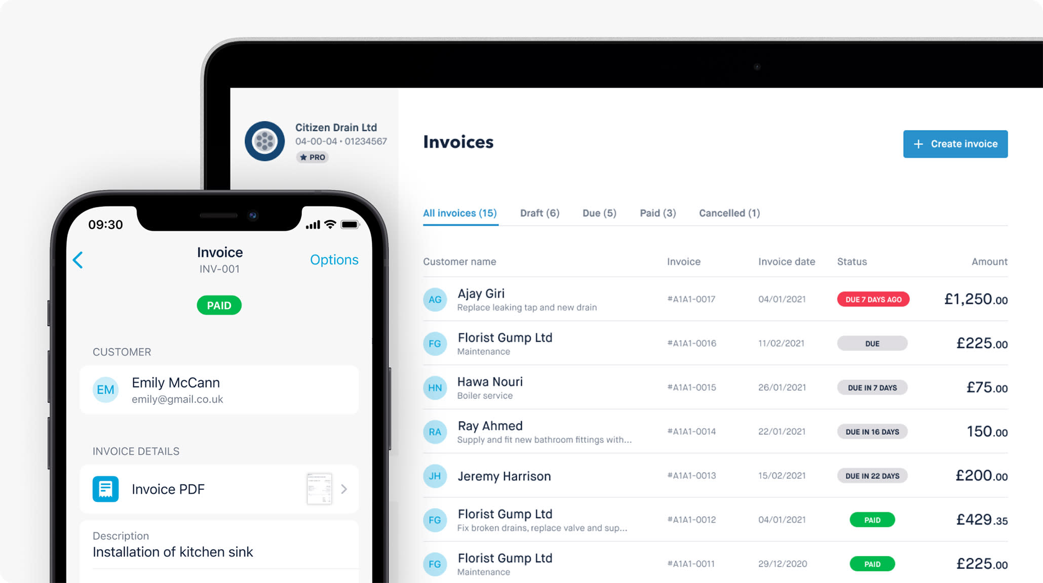 Image showing Monzo Business invoice home on a mobile device and laptop