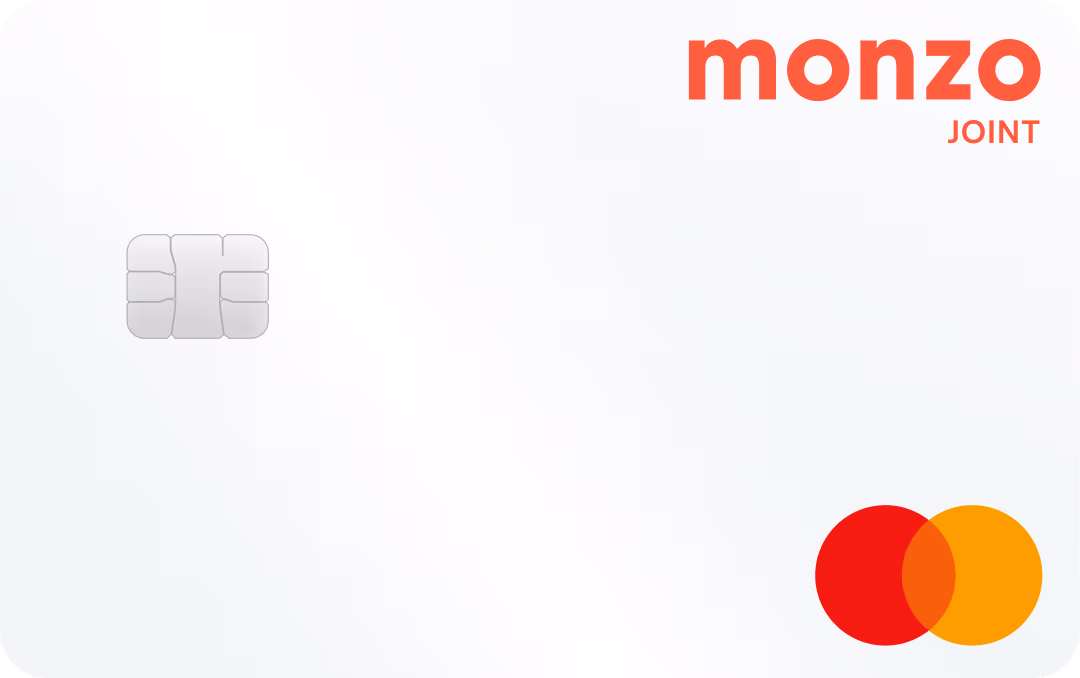 A white pearlescent Monzo Joint Account card 