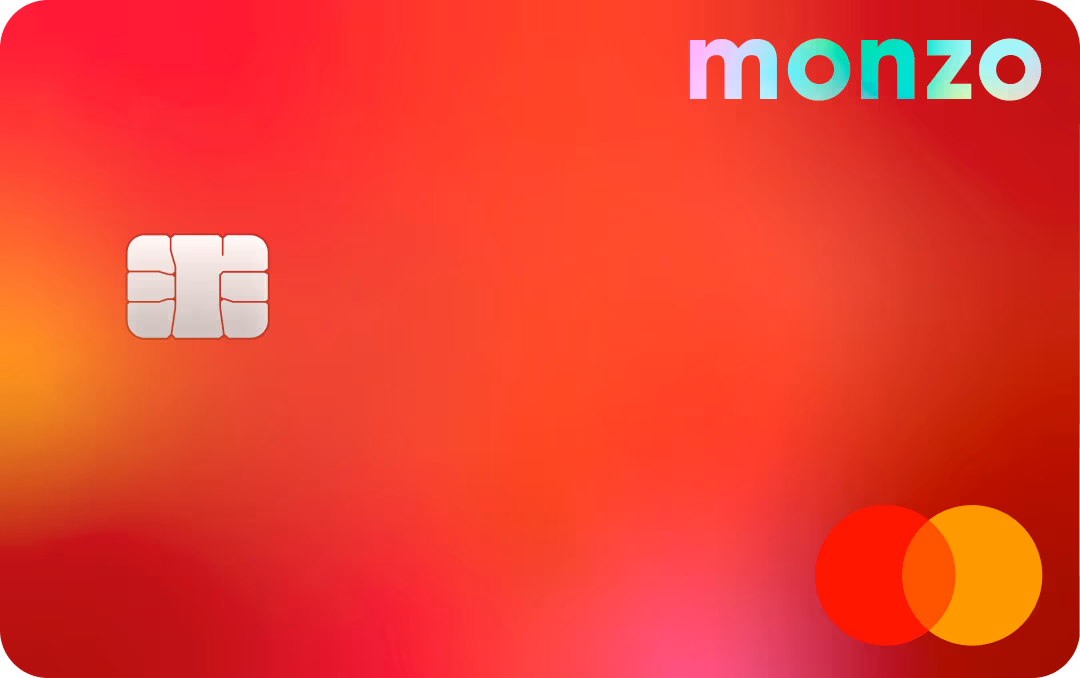 A Monzo Max debit card, with a burnt coral irridescent cover and a holographic Monzo logo