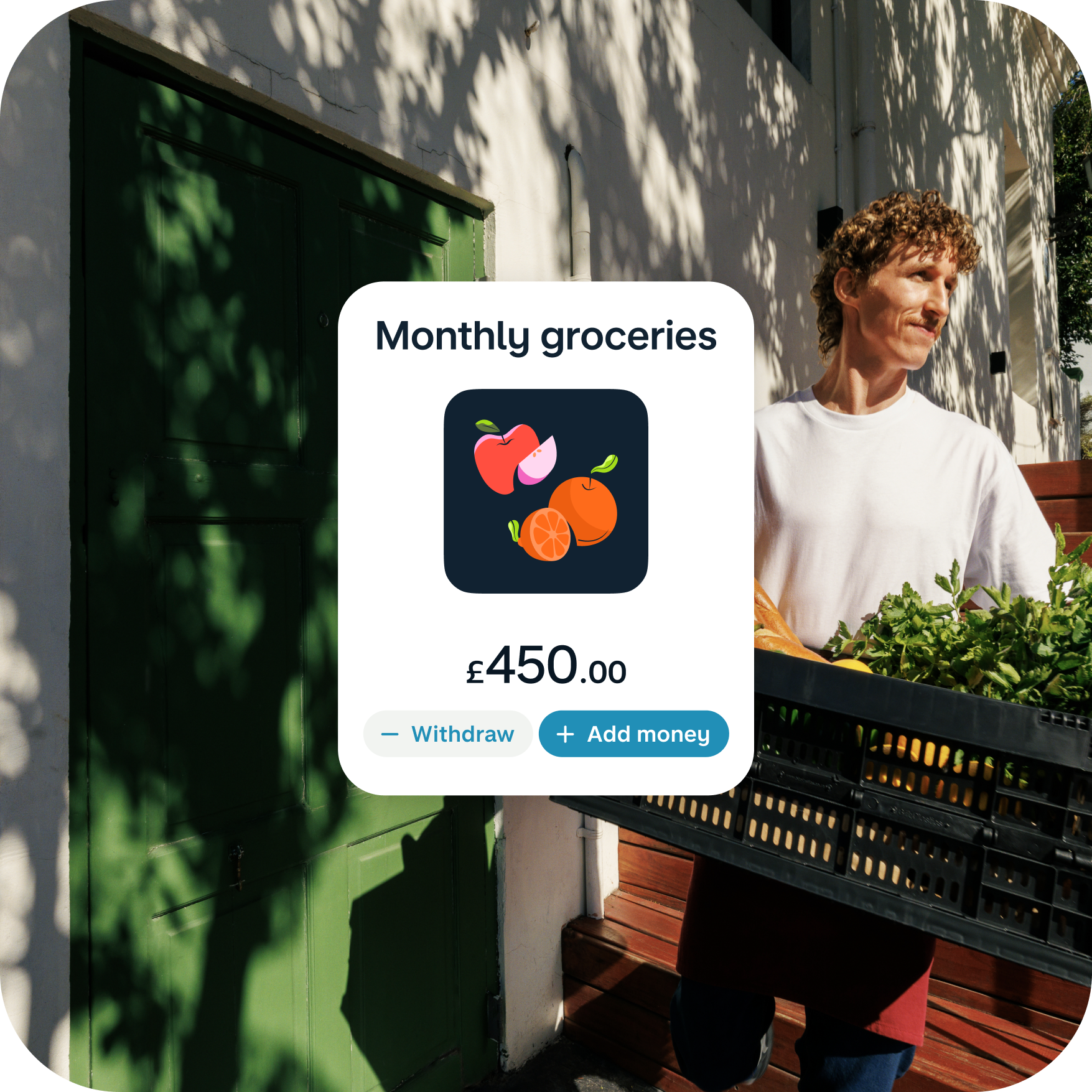 Monzo Pots UI on top of a photograph of a man carrying a box of groceries in the sun.