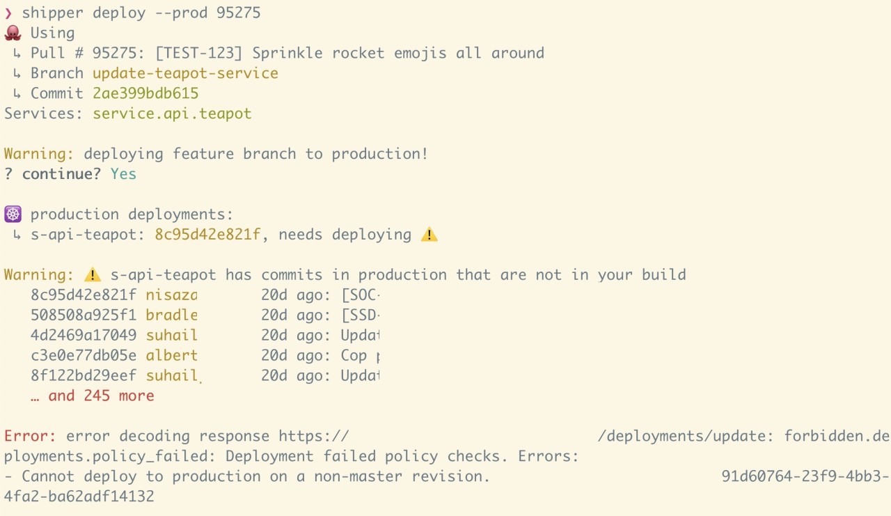 A screenshot of multi-party authorisation for deployments in our command-line tooling