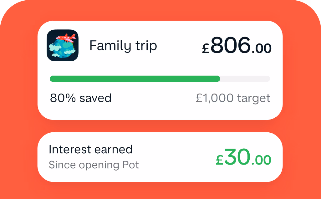 A savings pot showing £806 saved towards a £1,000 family trip goal and £30 interest earned.