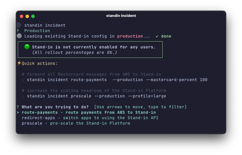 A screenshot of a terminal emulator window displaying the standin incident tool. It displays the current status of Monzo Stand-in showing that it is not currently enabled for any users, followed by the options available to the engineer, including route-payments, redirect-apps and prescale.