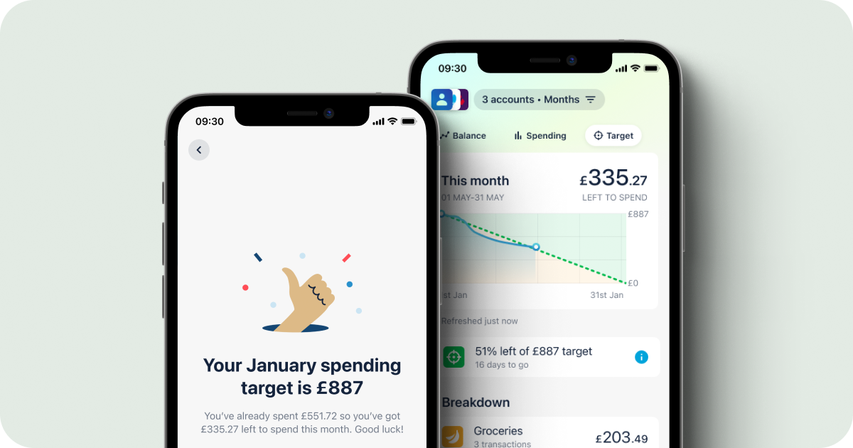 Two iPhones, one showing a summary of your spending target, another showing a graph of spending targets.