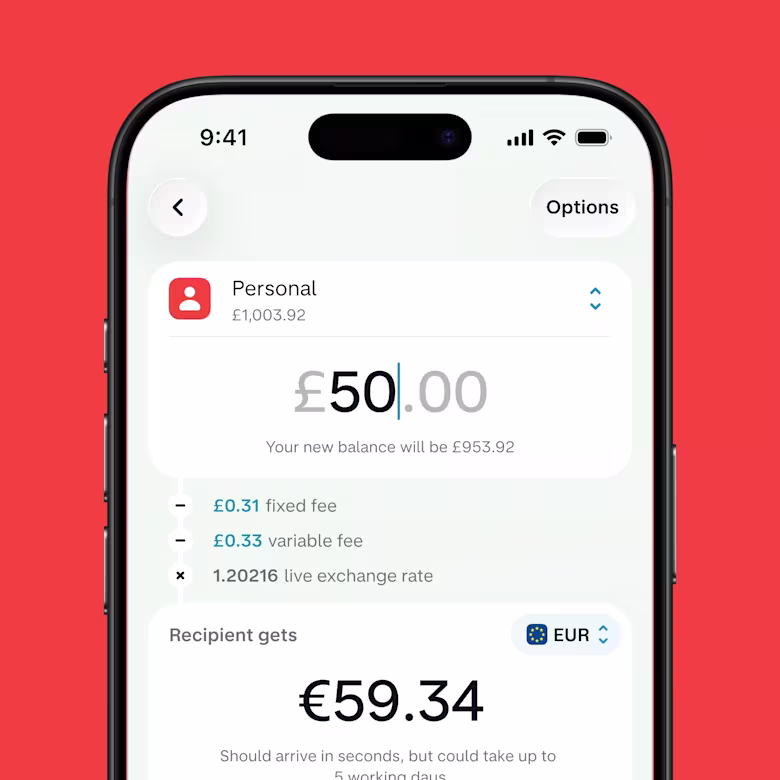 An app screenshot showing how the exchange rate shows up when starting the process of an international transfer in the Monzo Business account