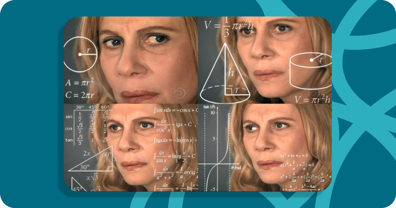 A woman looking confused with maths equations and diagrams floating around her. 