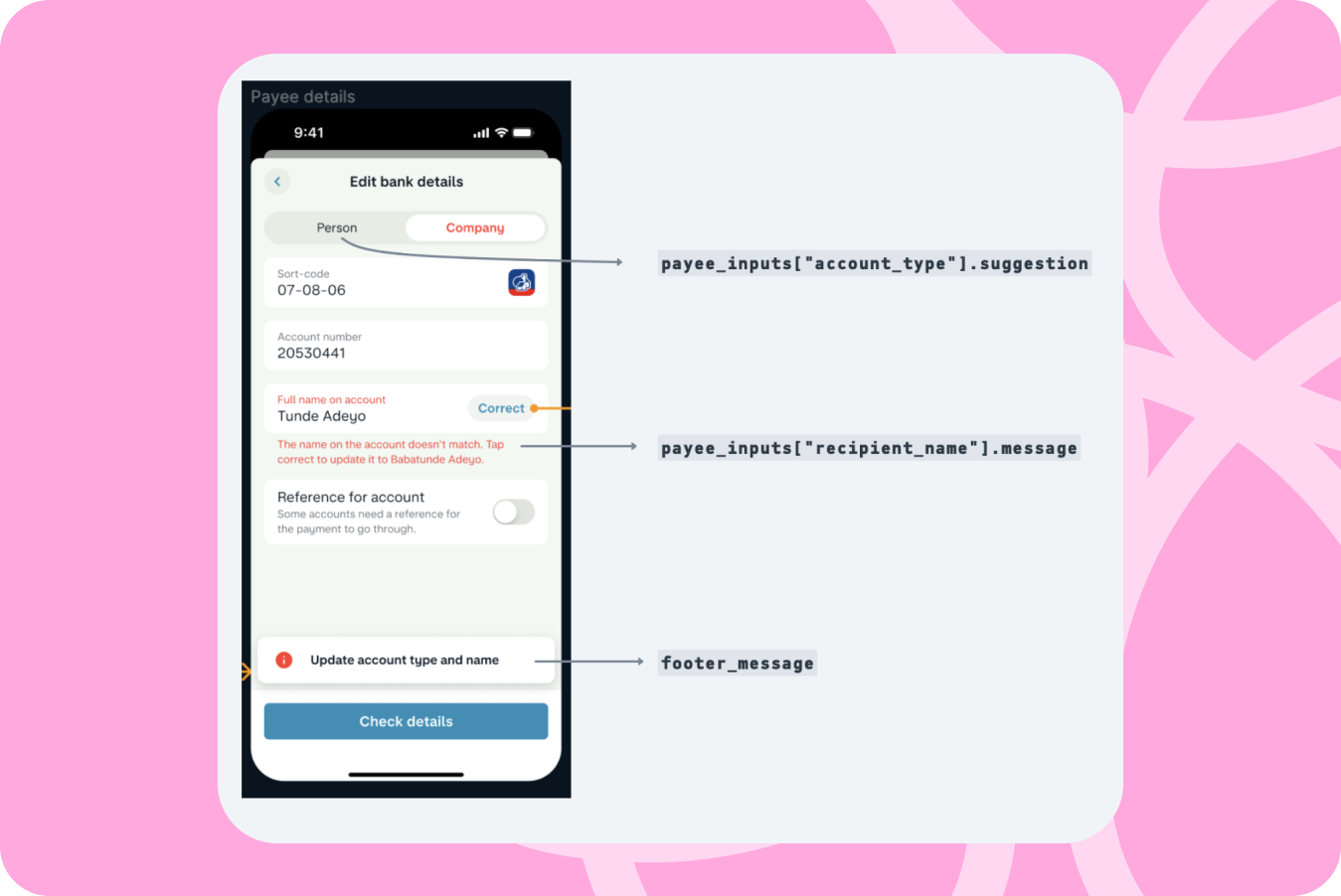 Visualisation of how backend response gets used on mobile clients to render Confirmation of Payee outcome.