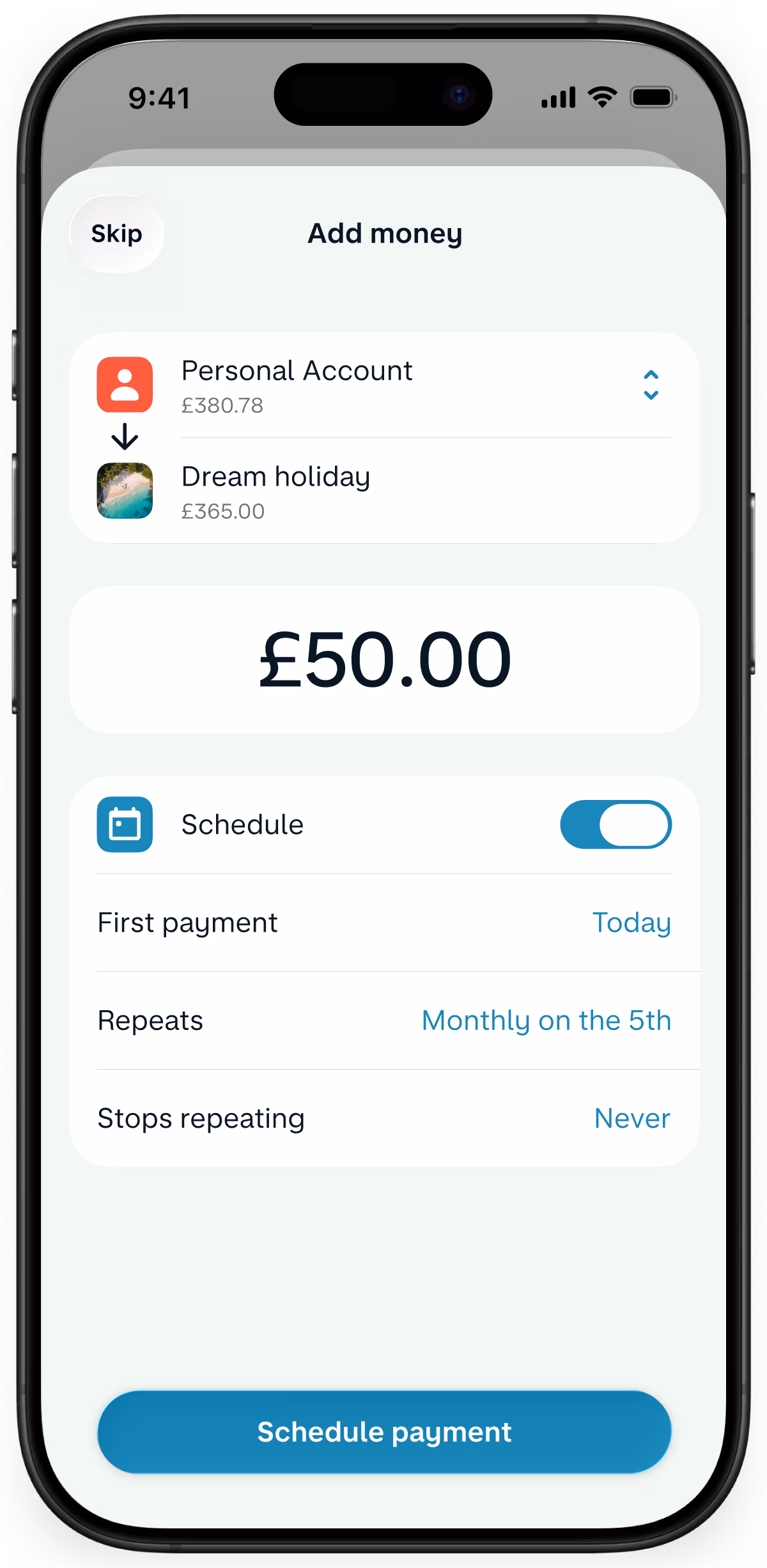 A smartphone displaying a Monzo app interface confirming a fifty-pound deposit transfer into a specific savings pot.