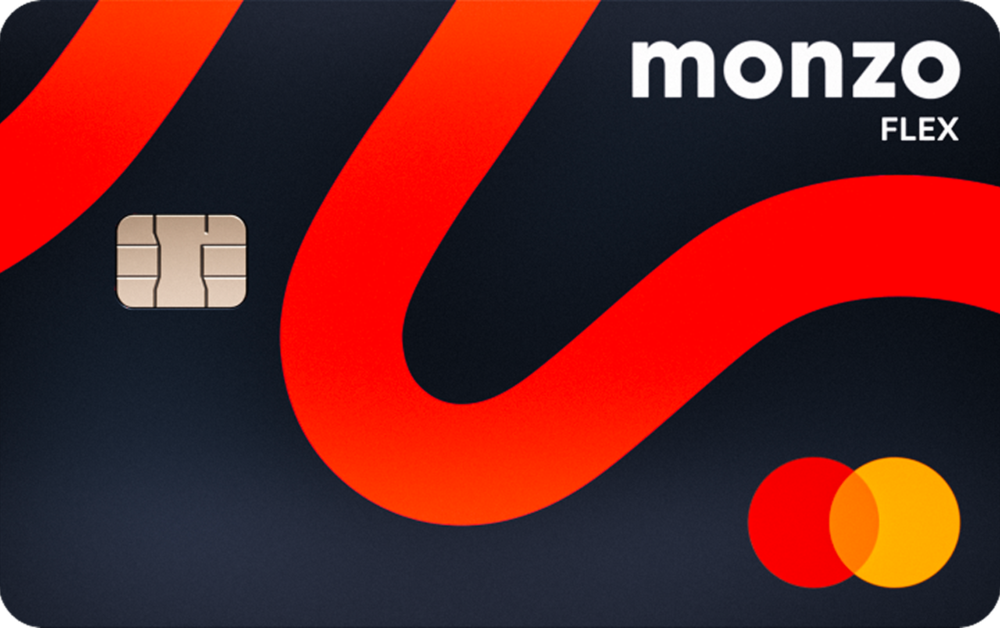 A Monzo Flex credit card, in dark blue with a hot coral line waving across it, and the mastercard logo in the corner.