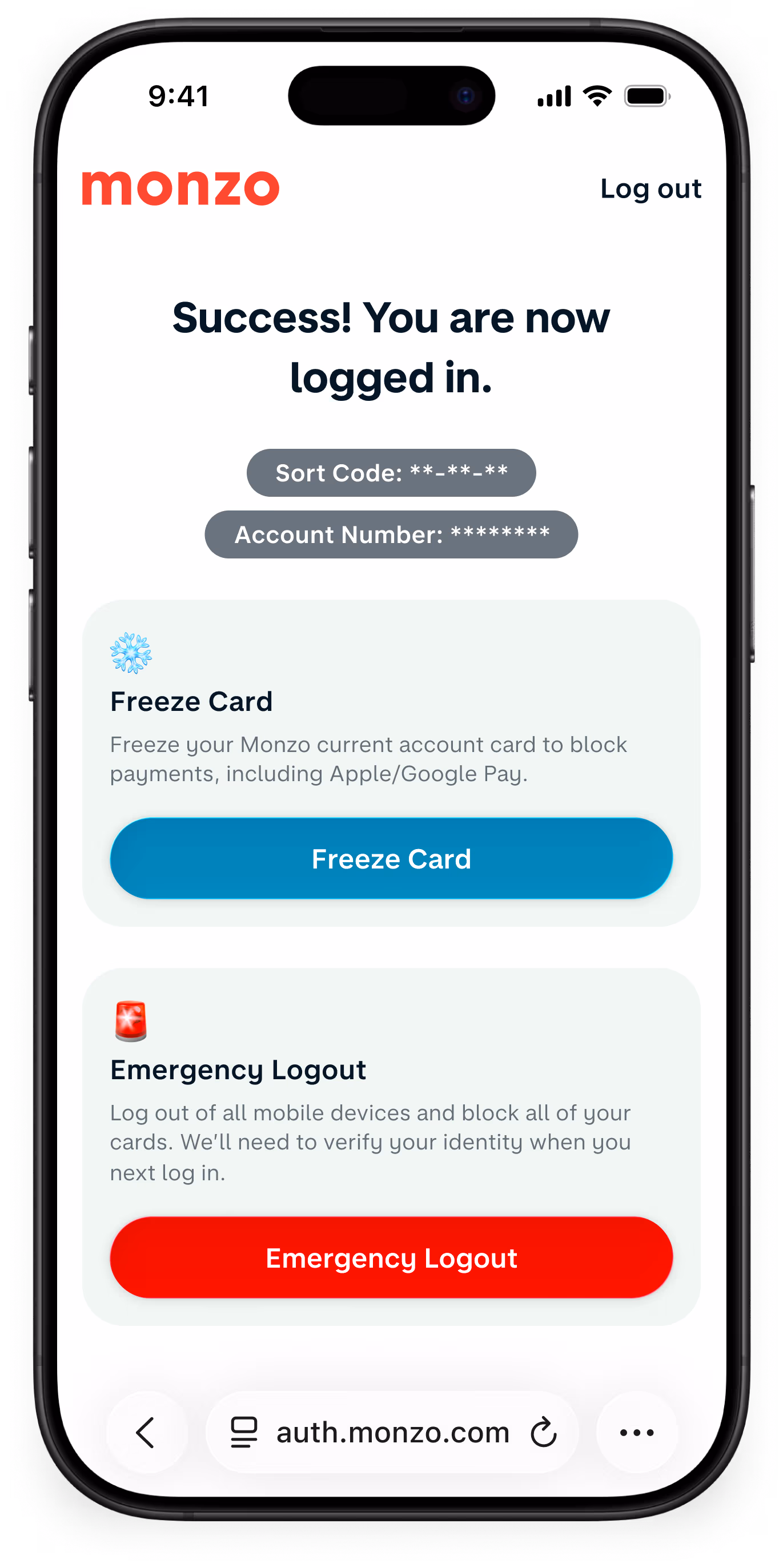 UI showing Monzo's emergency logout feature.