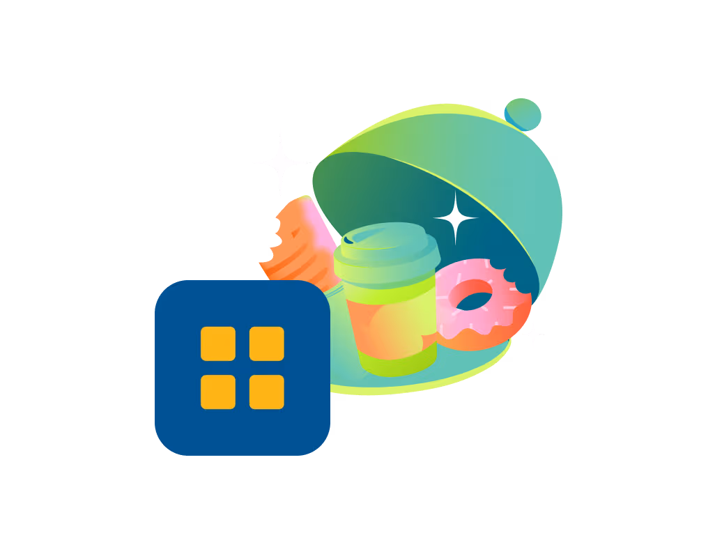 The Greggs logo in front of an illustration of a platter. On the platter is a sausage roll, a doughnut and a coffee cup.