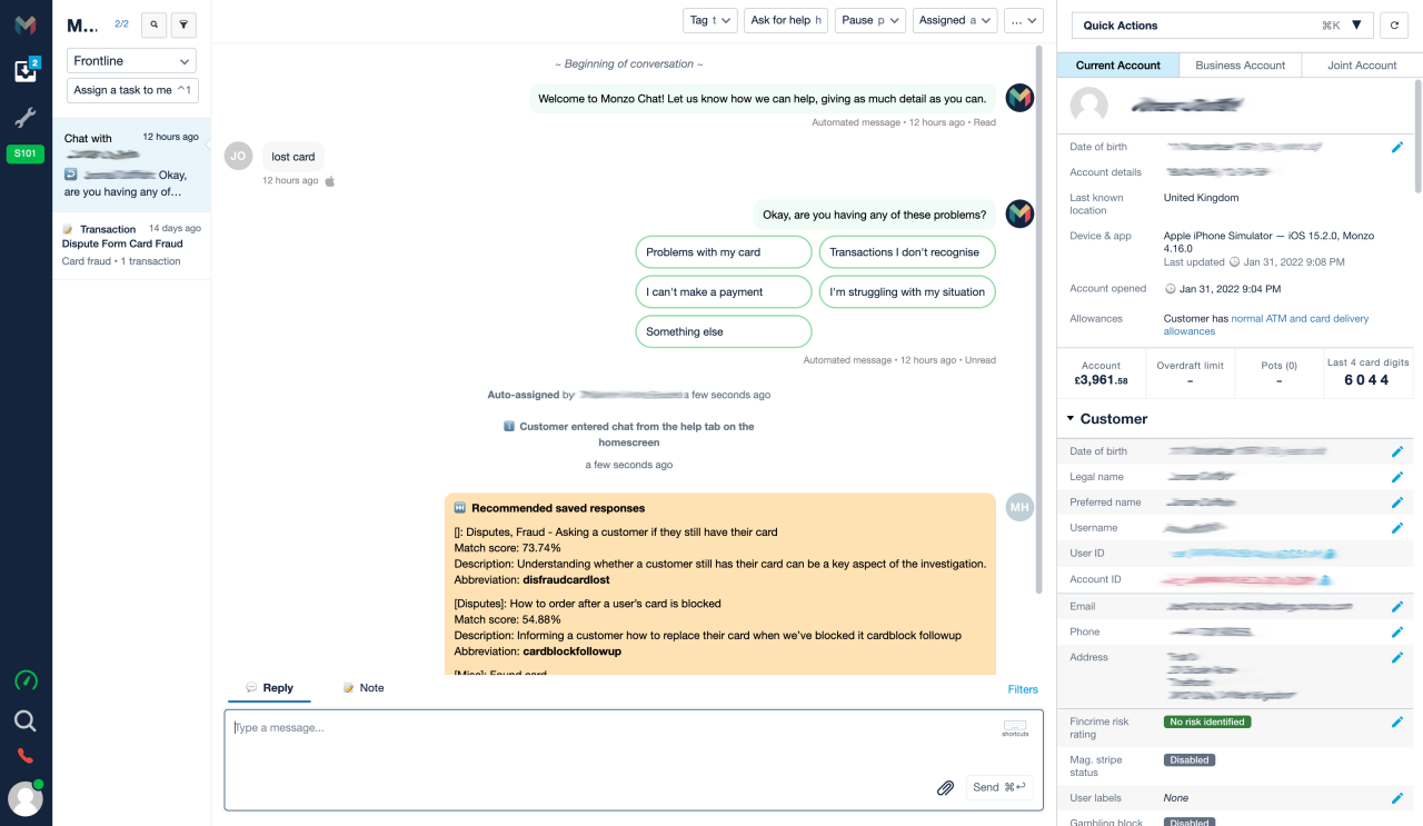 A screenshot of BizOps, our internal customer support tool, showing an open chat with a (fake) customer. 