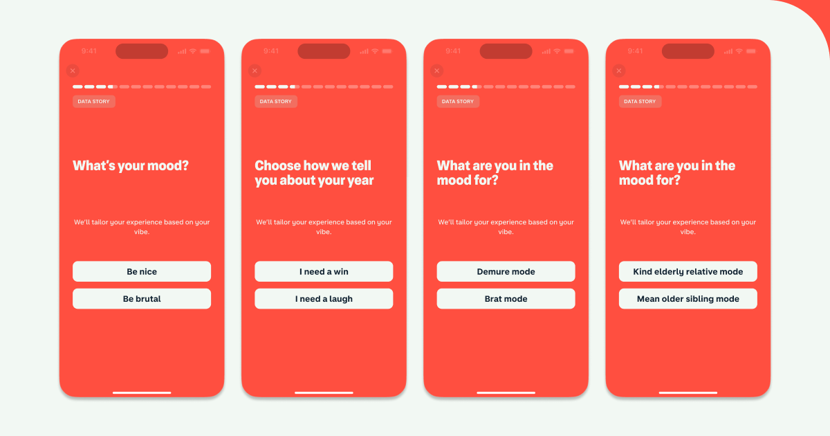 An image of 4 mobile screens showing 4 different rejected 'mood picker' variants for Year in Monzo. Rejected options include 'Demure mode' vs 'Brat mode' and 'Be nice' vs 'Be brutal'.