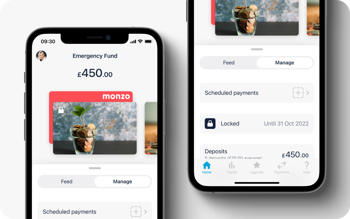 A screenshot of the Monzo app showing a £450 Emergency Fund Pot, locked until 31st October 2022