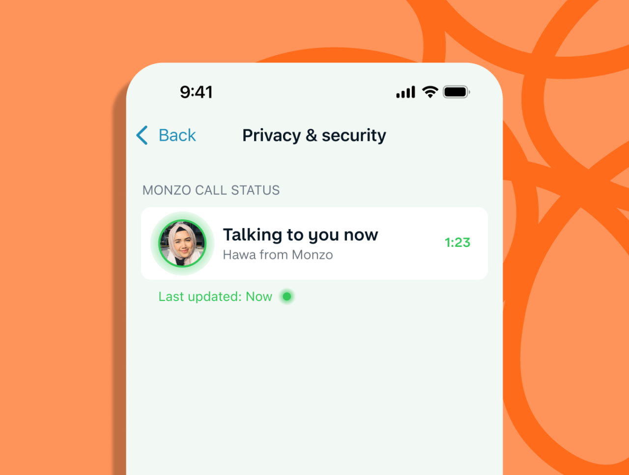 A screenshot of the Privacy and Security screen in the Monzo app showing the Monzo Call Status. An image of a Monzo customer service agent is showing, with a message that says "Talking to you now - Hawa from Monzo"