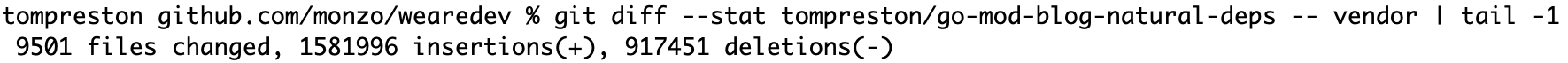 A screenshot showing git diff with 9501 files changed, 1581996 insertions and 917451 deletions.