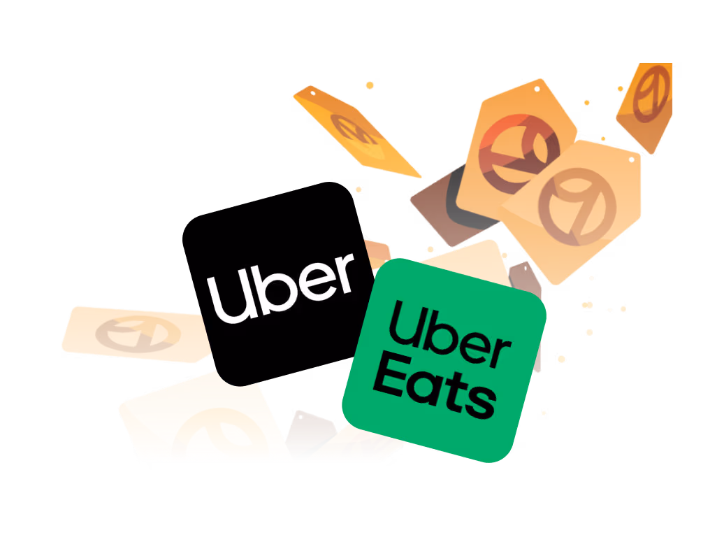 The Uber and Uber Eats logos surrounded by golden tags with the Uber One logo on them.