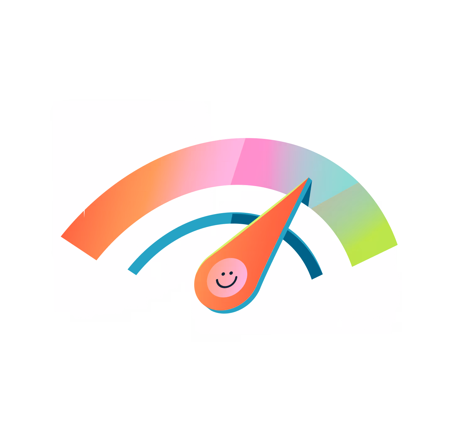 An illustration of a credit score gauge surrounded by stars. The scale is broken up into coloured sections, and the needle is pointing slightly to the right hand side of the scale, in a teal section. There is a smiley face at the base of the needle indicating a positive score.