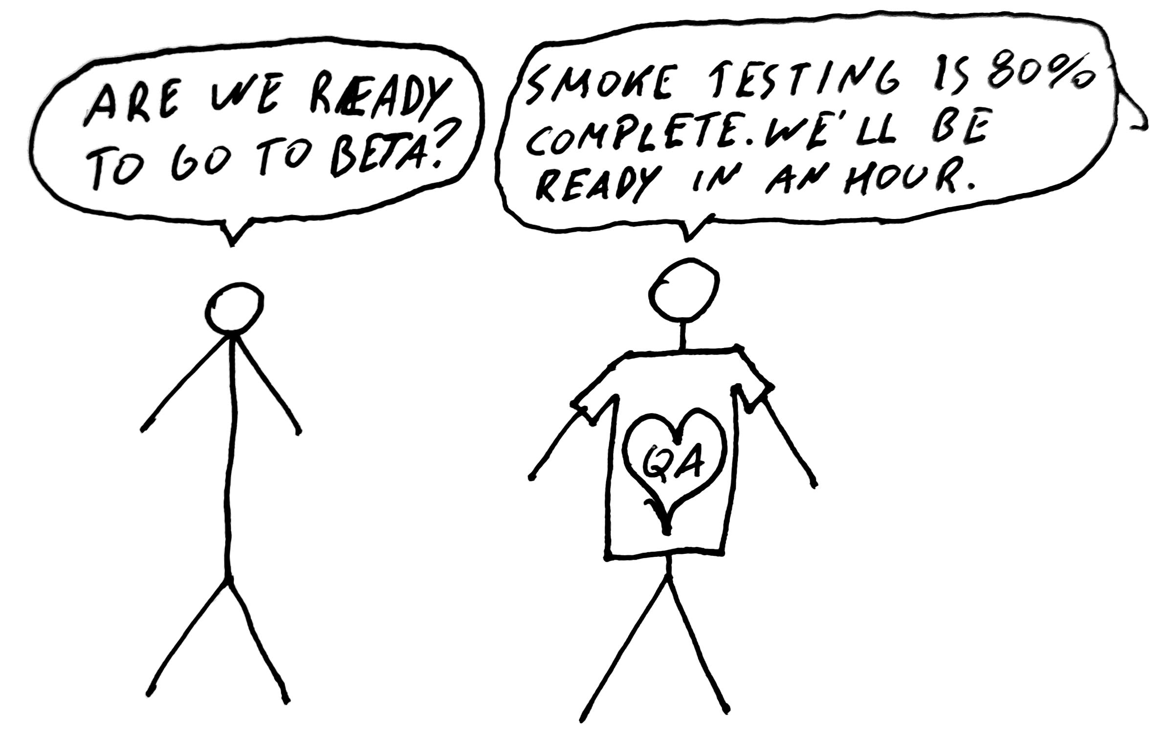 Two people talking: "Are we ready to go to beta?" The second is wearing a QA t-shirt: "Smoke testing is 80% complete. We'll be ready in an hour.”