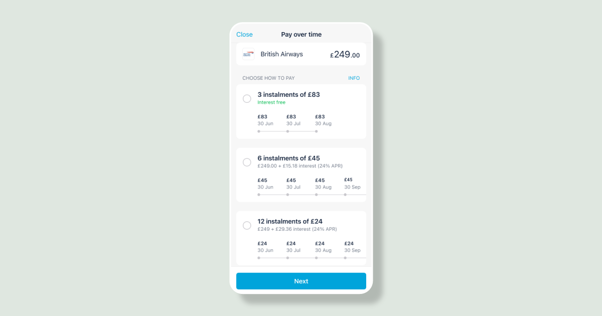 Screenshot from the Monzo app with a payment to British Airways for £249, and the option of paying in different types of instalments, including: 3 instalments of £83, 6 instalments of £45, and 12 instalments of £24.