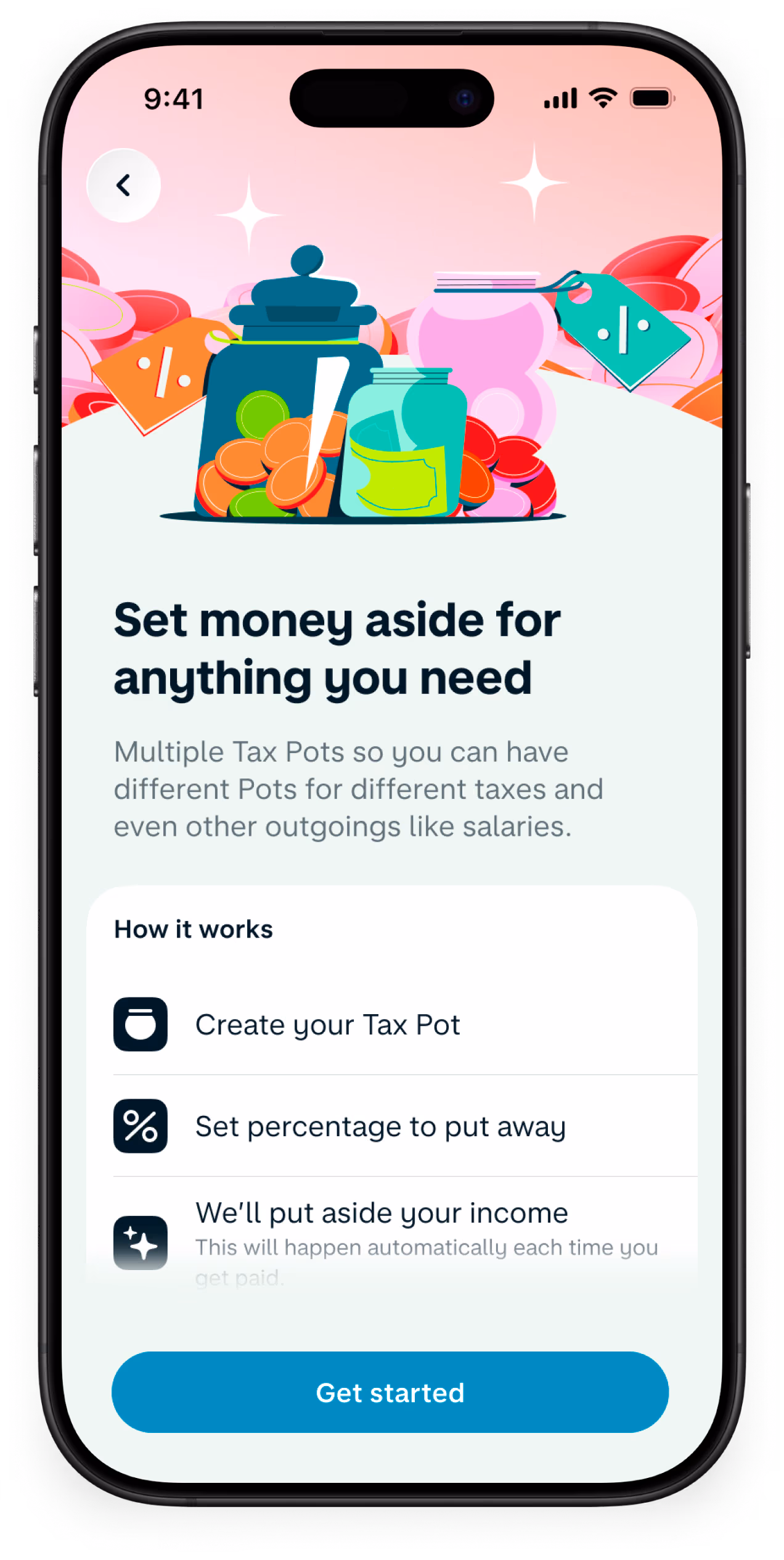 A phone screen showing how to set tax money aside automatically in the Monzo app