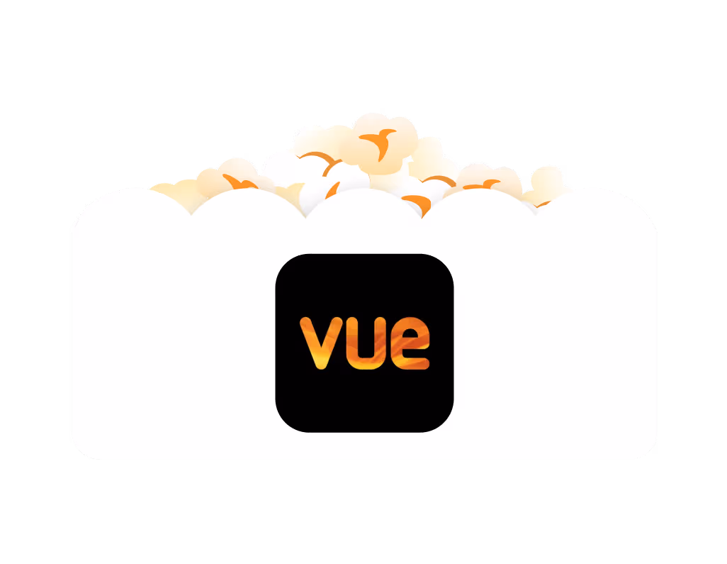 The Vue logo on the side of a white popcorn box, filled with popcorn.