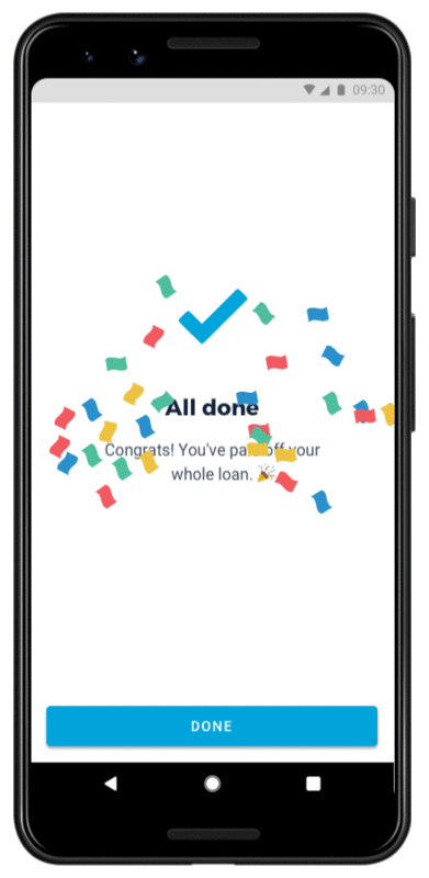 Loans all done celebration screen on iPhone