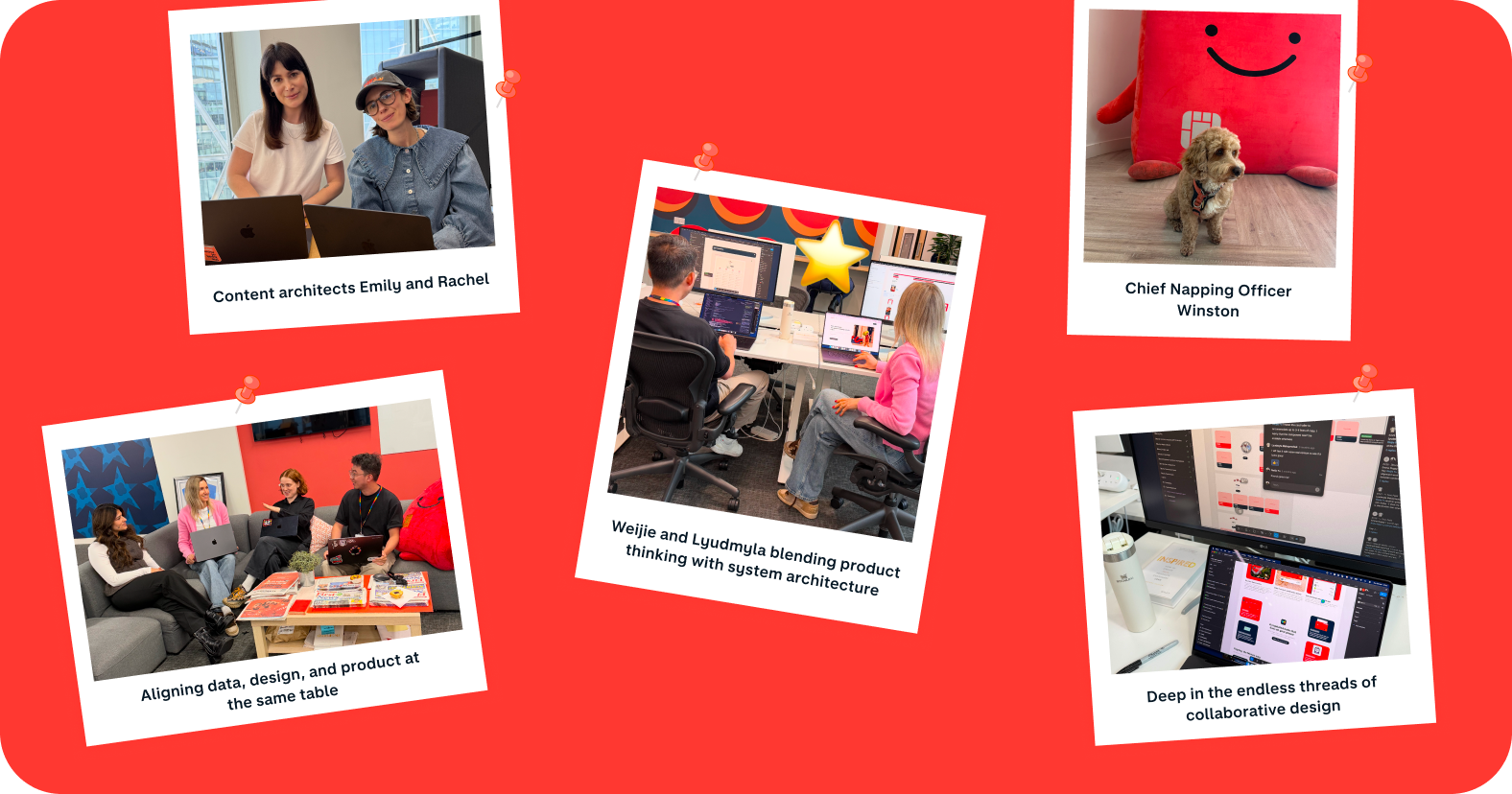 A collage of polaroid-style photos pinned to a hot coral background, showcasing Monzo team members collaborating on design and product strategy in the office, along with a dog named Winston.