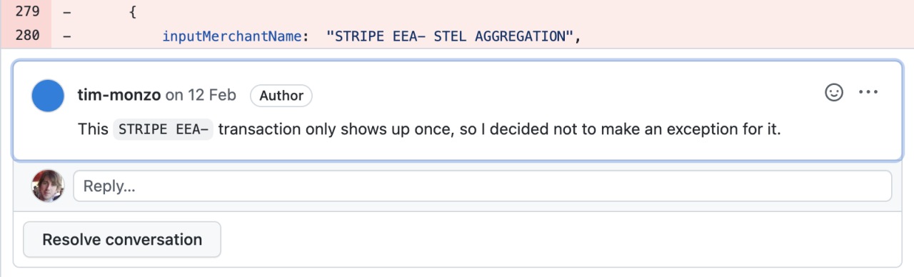 A screenshot of a GitHub comment where the author has explained their thinking behind a change
